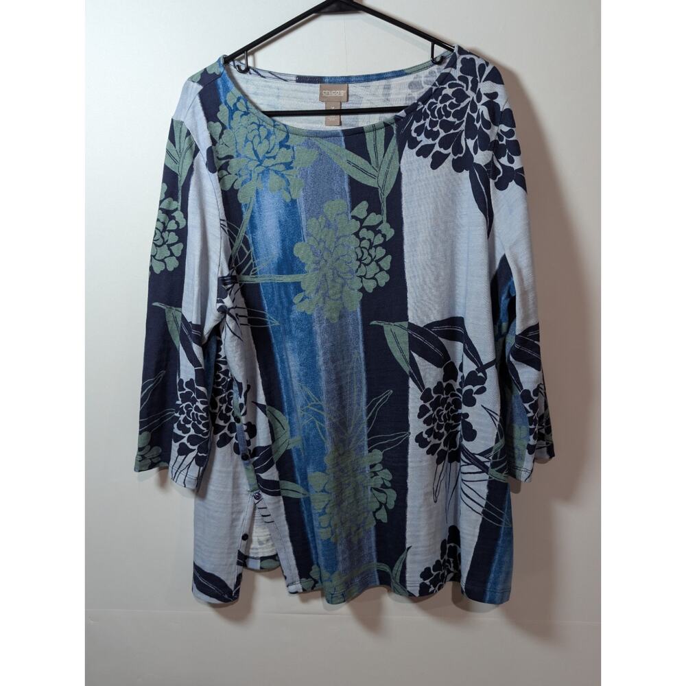 CHICO'S Shirt Floral Mixed Media Artsy Blue Women's Size XL Tunic Top 3/4 sleeve